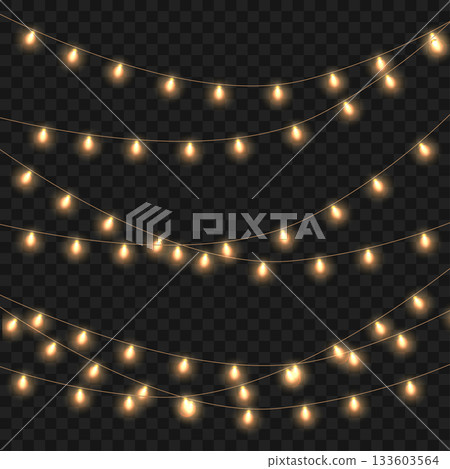 Christmas Glowing Yellow String Lights Garland Set on Transparent Background. Vector 133603564