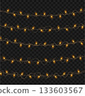 Christmas Glowing Yellow String Lights Garland Set on Transparent Background. Vector 133603567
