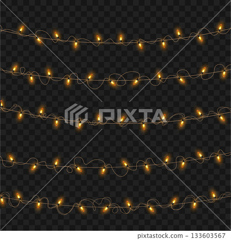 Christmas Glowing Yellow String Lights Garland Set on Transparent Background. Vector 133603567