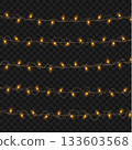 Christmas Glowing Yellow String Lights Garland Set on Transparent Background. Vector 133603568