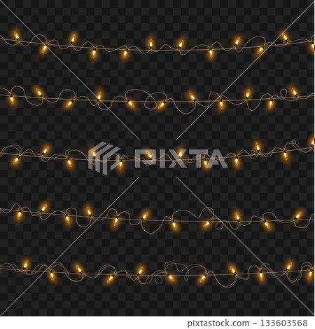 Christmas Glowing Yellow String Lights Garland Set on Transparent Background. Vector 133603568