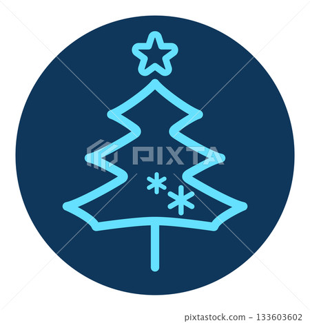 Stylish navy Christmas tree illustration with snowflakes. Round icon. Winter symbol. Light blue line drawing. 133603602