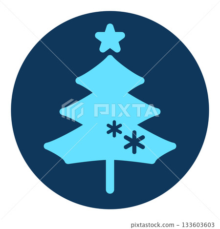 Stylish blue Christmas tree illustration with snowflakes. Round icon. Light blue and navy blue winter symbol. Stylish blue Christmas tree illustration with snowflakes. Round icon. Light blue and navy blue winter symbol. 133603603