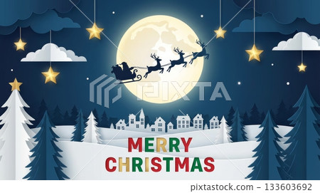 Blue Paper Cut Digital Santa Sleigh Banner 133603692