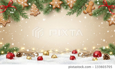 Christmas Graphic Background with Pine and Gingerbread 133603705