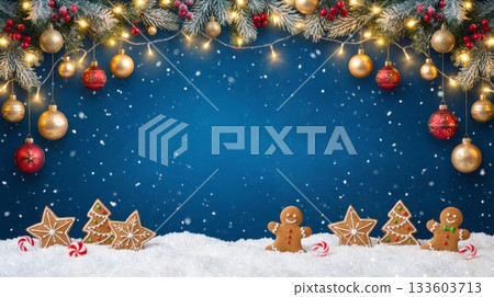 Christmas Graphic Background with Pine and Gingerbread 133603713