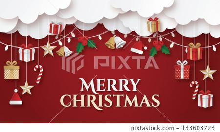 Christmas Paper Cut Background with Hanging Decorations 133603723