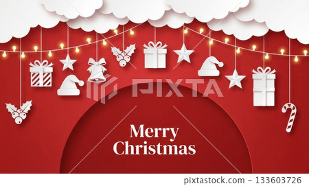 Christmas Paper Cut Background with Hanging Decorations 133603726