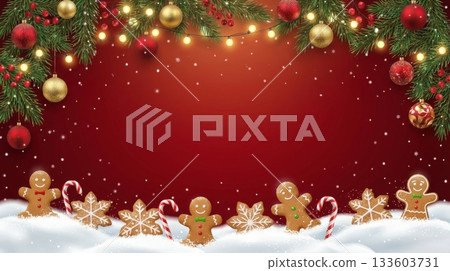 Christmas Graphic Background with Pine and Gingerbread 133603731