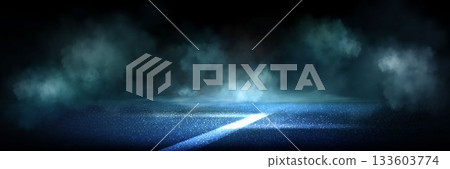 Wet asphalt road with neon blue light and smoke 133603774