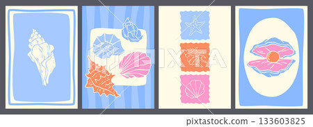 Marine posters set with seashell sketches 133603825