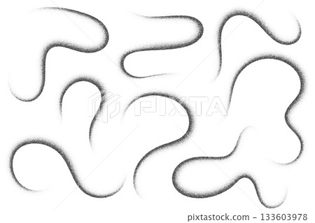Grainy pattern of dots in wavy lines isolated on white background. Noisy abstract sand brush strokes. Vector black stipple shapes. Dusty paint brush strokes. Grunge fluid splashes Grainy pattern of dots in wavy lines isolated on white background. Noisy abstract sand brush strokes. Vector black stipple shapes. Dusty paint brush strokes. Grunge fluid splashes 133603978
