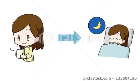 Illustration of a woman who slept well after drinking a hot drink 133604180
