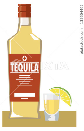 一瓶龍舌蘭酒和一個小酒杯的插圖 133604462