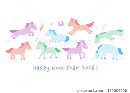 2026 Year of the Horse New Year's Card (Colorful and Cute Horses) 2026 Year of the Horse New Year's Card (Colorful and Cute Horses) 133604606