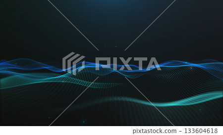 Smooth flowing digital waves with neon blue and teal gradients on dark background. Elegant minimal technology motion aesthetic for modern futuristic abstract design concepts. 133604618