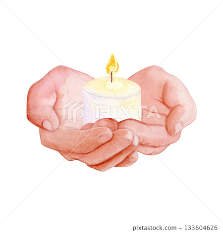 Hands holding a small lit candle, watercolor illustration isolated on white. Ideal for remembrance cards, spiritual themes, charity projects, mindfulness visuals. Symbolizing memory, hope and comfort Hands holding a small lit candle, watercolor illustration isolated on white. Ideal for remembrance cards, spiritual themes, charity projects, mindfulness visuals. Symbolizing memory, hope and comfort 133604626