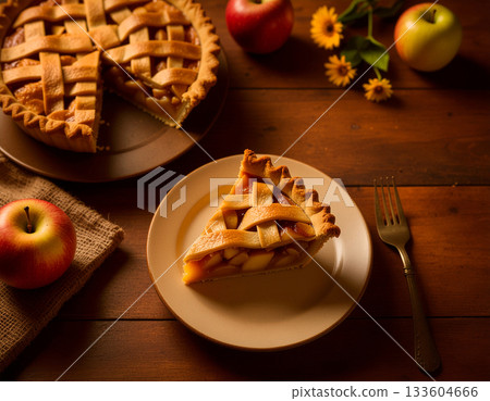 a slice of apple pie on the table 133604666