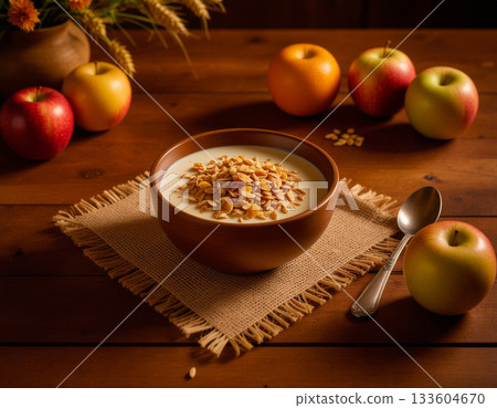 breakfast with a bowl of milk with cereals breakfast with a bowl of milk with cereals 133604670