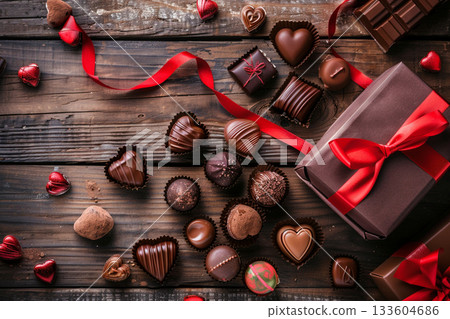 Chocolate sweets arranged on a wooden table Chocolate sweets arranged on a wooden table 133604686