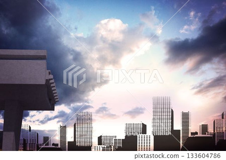 Concrete overhang structure is jutting from rooftop in flat design showing grid-patterned skyline 133604786