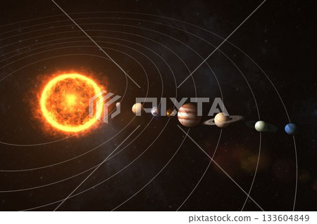 Digitally generated image of planets revolving around sun Digitally generated image of planets revolving around sun 133604849