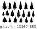 Collection of black silhouette pine trees of various sizes, arranged on a white background. This minimalist set of evergreen trees evokes a forest or winter theme. 133604853
