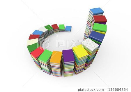 3D rendering is showing colorful book stacks forming open ring on white background, copy space 133604864