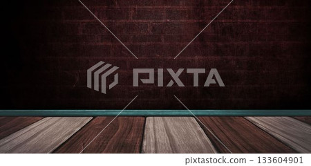 Flat design is showing exposed dark red brick wall over teal baseboard and two-tone floor planks 133604901