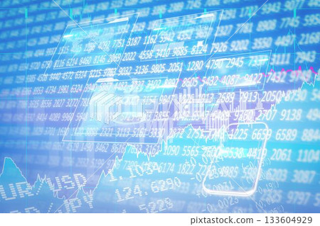 Floating translucent phones on blue UI showing scrolling tickers, charts, candlestick bars, grid 133604929
