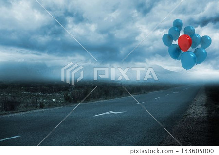 Cluster of blue and red balloons is floating over paved road, flat design under overcast sky Cluster of blue and red balloons is floating over paved road, flat design under overcast sky 133605000