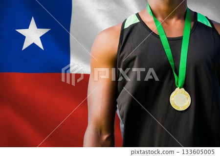 Midsection of medalist against Chilean Flag Midsection of medalist against Chilean Flag 133605005