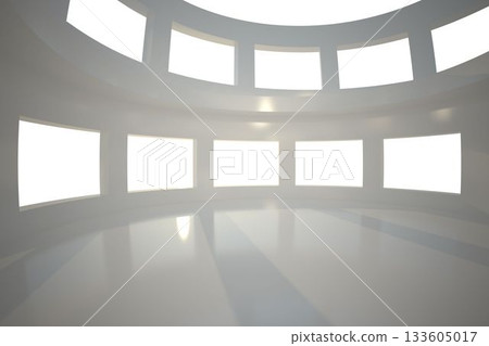 Circular hall interior is being shown in 3D render featuring curved walls and window openings Circular hall interior is being shown in 3D render featuring curved walls and window openings 133605017