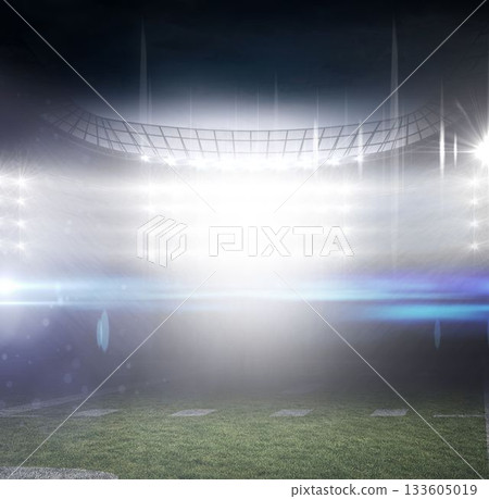 Flat design showing empty illuminated football stadium glowing under floodlights with lens flare Flat design showing empty illuminated football stadium glowing under floodlights with lens flare 133605019