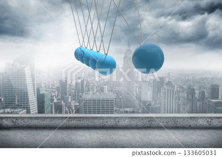 Newtons cradle above city Newtons cradle above city 133605031