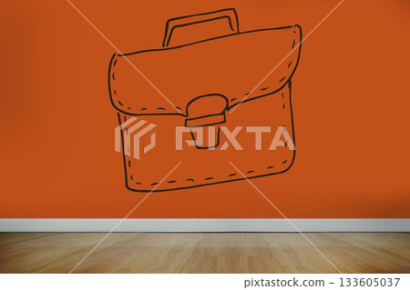 Minimalist room is featuring flat design briefcase graphic on orange wall over hardwood flooring 133605037