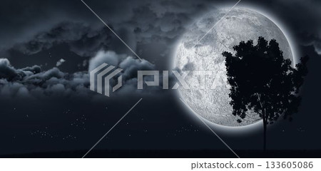 Moon shining behind a tree and clouds 133605086