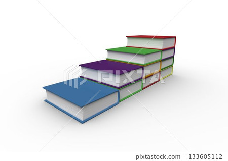 Flat design hardcover books staircase is rising on white backdrop with bright covers, copy space 133605112