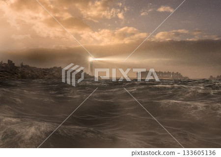 Stormy sea with lighthouse 133605136