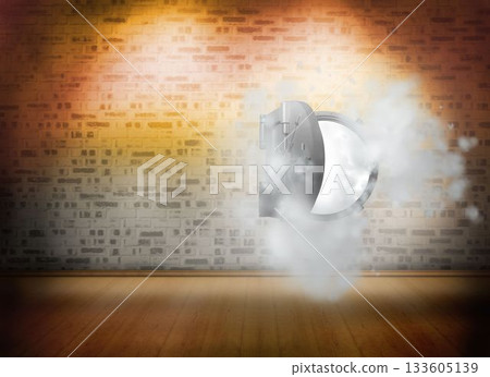 Open safe in dust cloud on brick lined wall 133605139