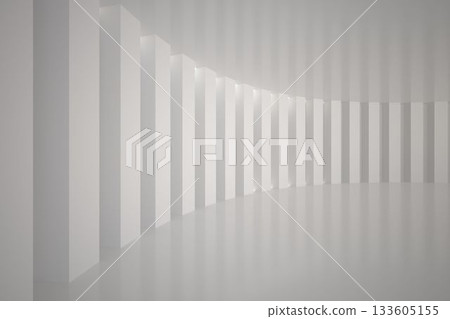 White rectangular columns are forming curved arc in flat design with reflective floor and lighting 133605155