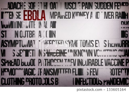 Flat poster featuring gray background, showing red EBOLA among black rows, hiding under white block Flat poster featuring gray background, showing red EBOLA among black rows, hiding under white block 133605164