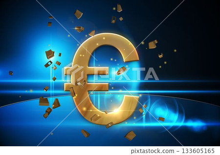 Gold Euro symbol is disintegrating in 3D blue backdrop with floating particles and flaring streaks Gold Euro symbol is disintegrating in 3D blue backdrop with floating particles and flaring streaks 133605165