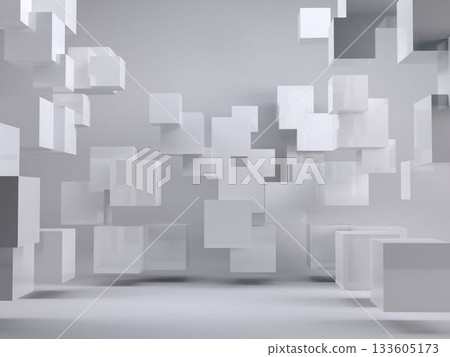 Floating white cubes are drifting within seamless grey space in minimalist 3D rendering 133605173