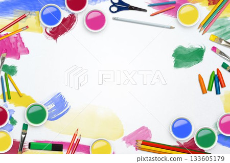 Flat design blank sheet is sitting on desk surrounded by bright paint jars, brushes, copy space 133605179