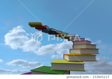 Flat design showing floating multicolor hardcover book staircase spiraling into bright cloudy sky 133605217