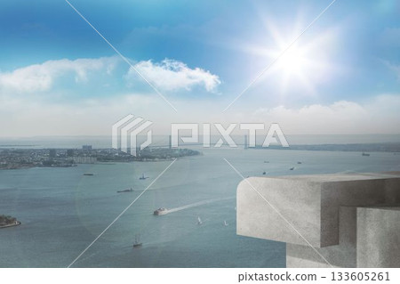 Flat design overlooking harbor from concrete platform edge, vessels gliding under suspension bridge 133605261