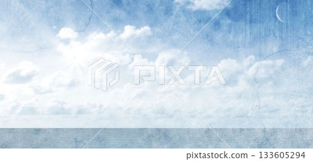 Calm ocean and cumulus clouds are balancing sun rays and crescent moon in textured illustration 133605294