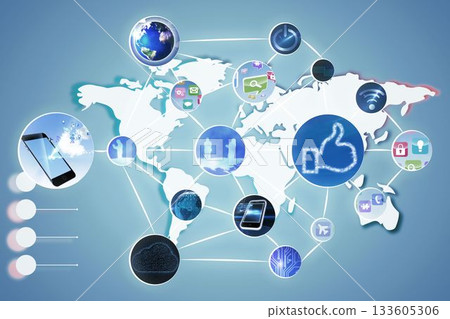 Flat network graphic is showing world map connecting smartphone globe icons on light blue gradient 133605306