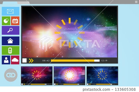 Digitally generated image of various video and icons displayed 133605308